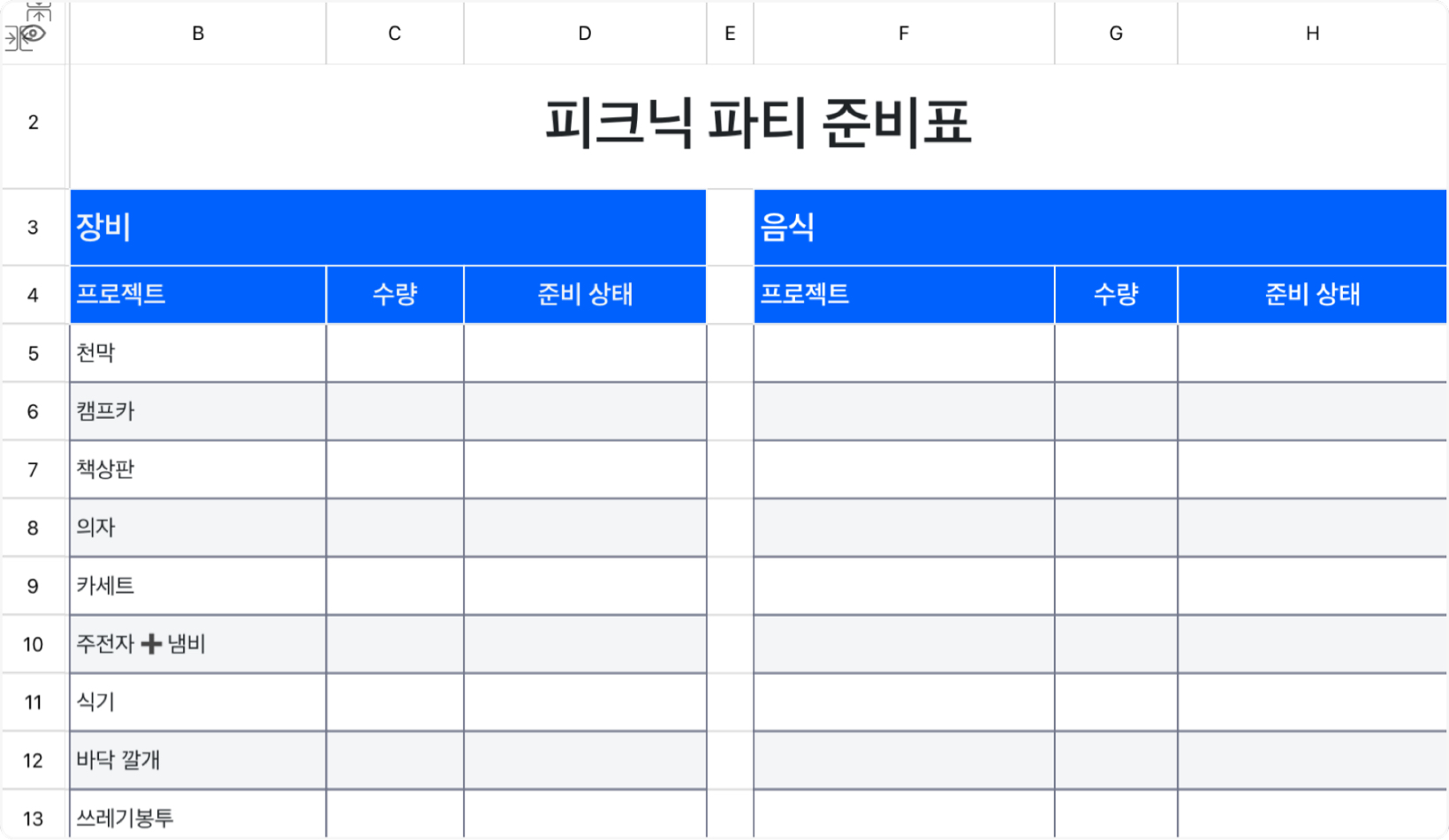 피크닉 파티 준비표
